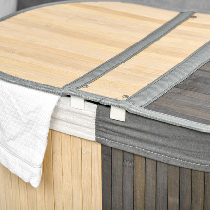 100L Bamboo Laundry Basket, Dual Compartments, Grey/Natural