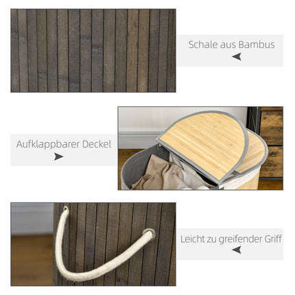 100L Bamboo Laundry Basket, Dual Compartments, Grey/Natural
