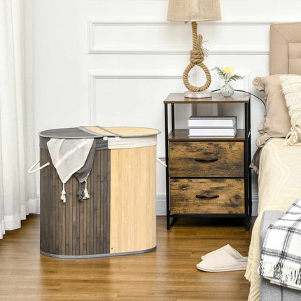 100L Bamboo Laundry Basket, Dual Compartments, Grey/Natural