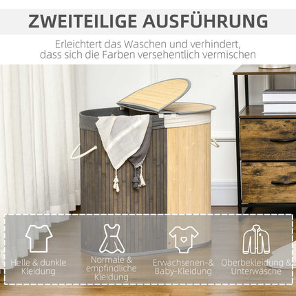 100L Bamboo Laundry Basket, Dual Compartments, Grey/Natural