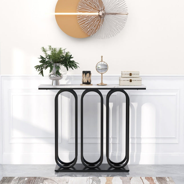 100 cm großer Konsolentisch aus Kunstmarmor mit verstellbaren Fußpolstern, Metallrahmen und Kippschutz-Sets