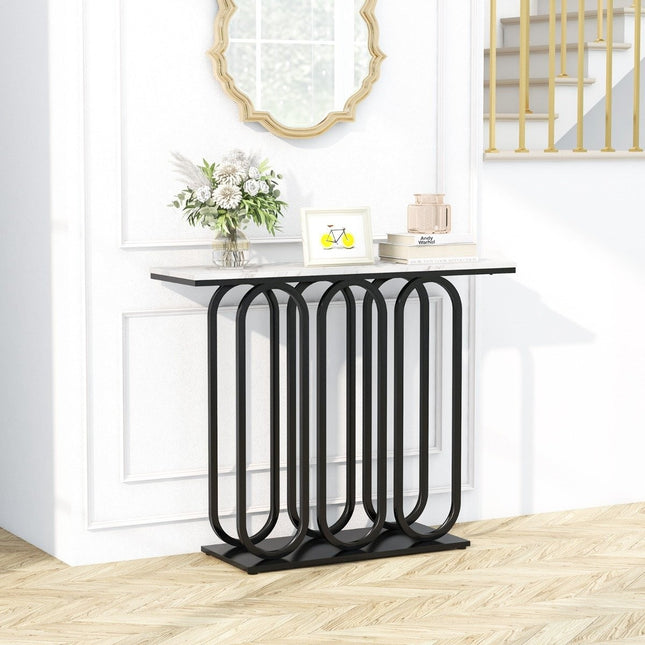 100 cm großer Konsolentisch aus Kunstmarmor mit verstellbaren Fußpolstern, Metallrahmen und Kippschutz-Sets