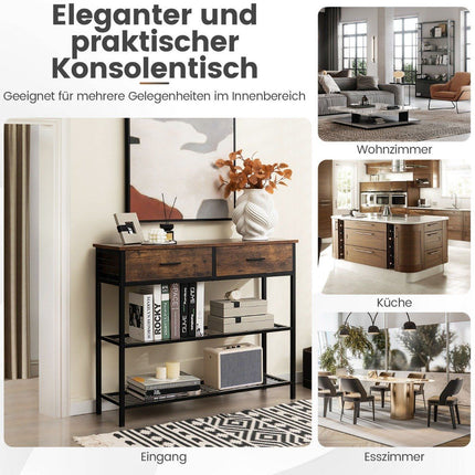 100 cm Konsolentisch mit 2 Schubladen 3 Ebenen Flurtisch aus Holz Beistelltisch mit Metallgestell rustikal braun