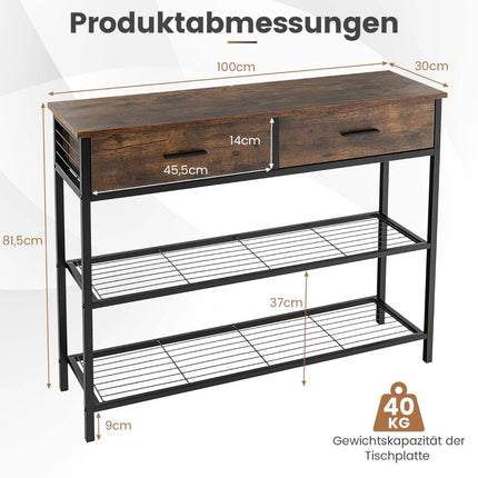 100 cm Konsolentisch mit 2 Schubladen 3 Ebenen Flurtisch aus Holz Beistelltisch mit Metallgestell rustikal braun