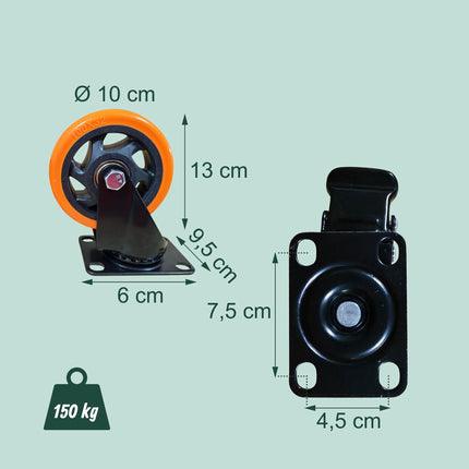 100mm Swivel Castors Set, Steel & PVC, 150kg Load