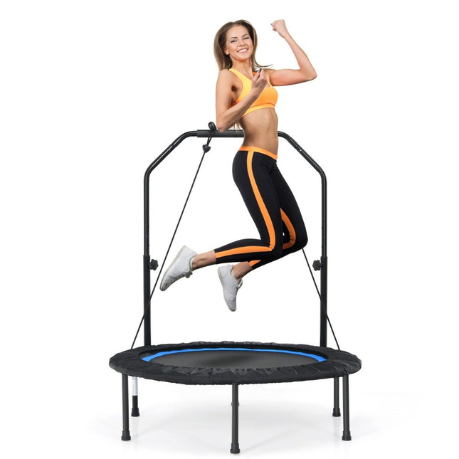 Ø101 cm Trampolin mit 2 Widerstandsbändern Minitrampolin mit höhenverstellbarem Griff Schwarz + Blau