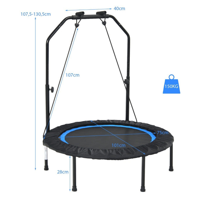 Ø101 cm Trampolin mit 2 Widerstandsbändern Minitrampolin mit höhenverstellbarem Griff Schwarz + Blau