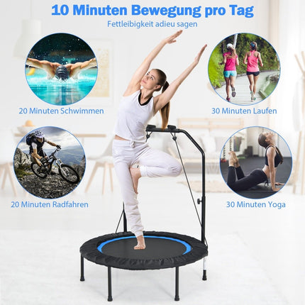 Trampolína Ø101 cm se 2 odporovými pásy, minitrampolína s výškově nastavitelným madlem černá + modrá