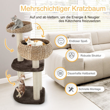 Arbre à chat en bois de 104 cm avec lits, balle, corde et colonnes enveloppées de sisal