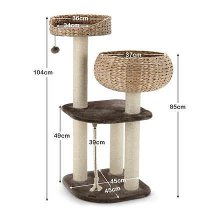 Arbre à chat en bois de 104 cm avec lits, balle, corde et colonnes enveloppées de sisal