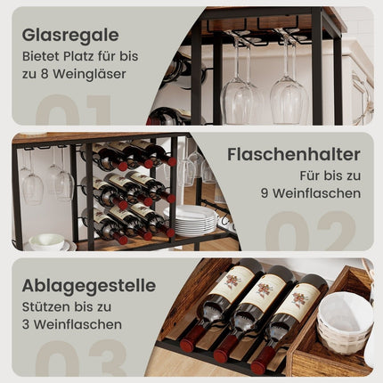 Chariot de cuisine à 3 niveaux avec roulettes, porte-verres, casier à vin et crochet, 108 x 40 x 91 cm, marron