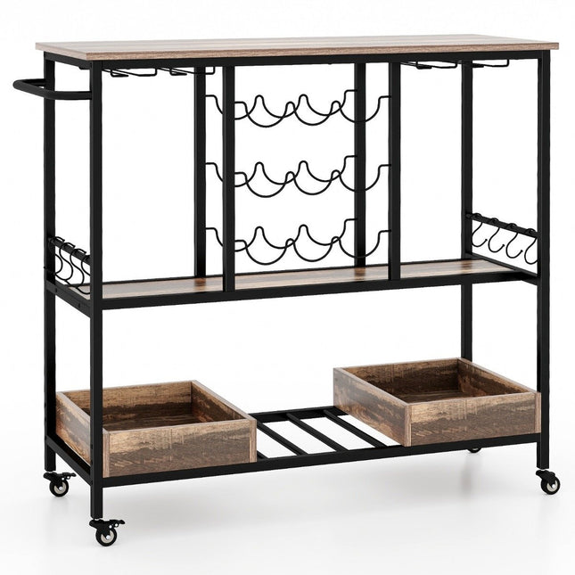 108 x 40 x 91 cm 3-laags keukentrolley met wielen & glazenhouders & wijnrek & haak serveerwagen trolley grijs
