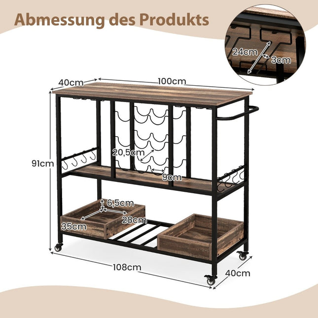 108 x 40 x 91 cm 3-laags keukentrolley met wielen & glazenhouders & wijnrek & haak serveerwagen trolley grijs