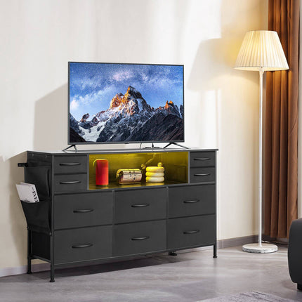 10-Drawer Fabric Dresser with LED Lights and Outlet, Black