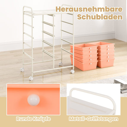 Rollwagen mit 10 Schubladen, Rosa, Metallrahmen