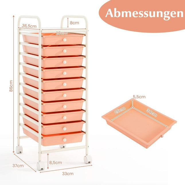 Rollbarer Aufbewahrungswagen mit 10 Schubladen, Kunststoff, 33x37x86 cm