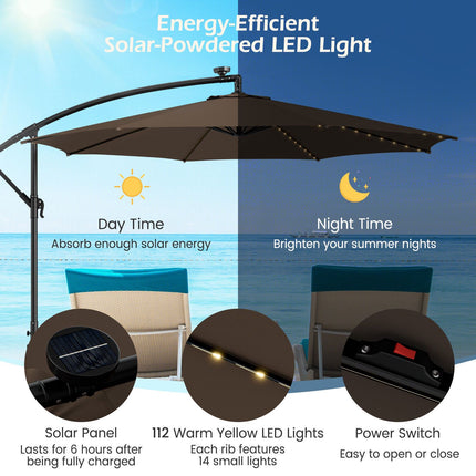 10-Fuß-Terrassen-Ampelschirm, 112 Solar-LED-Leuchten, Beige