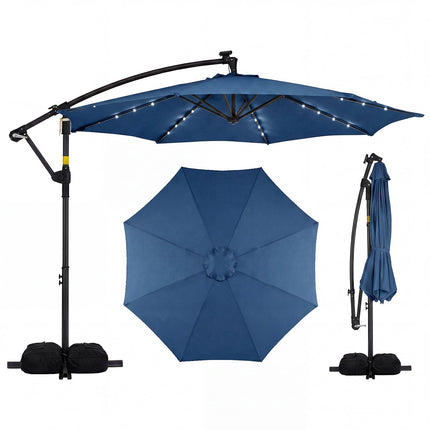 10 Ft Solar LED Offset Patio Umbrella, Crank, Navy
