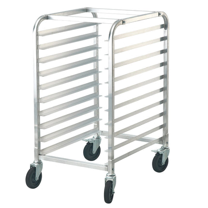 10-Tier Bun Pan Rack, Aluminum, Brake Wheels, Half Full Sheet