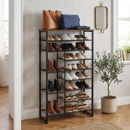 10-Tier Metal & MDF Shoe Rack, Brown, Space-Saving