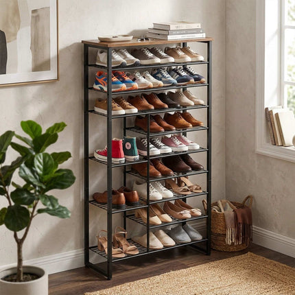 10-Tier Metal & MDF Shoe Rack, Brown, Space-Saving