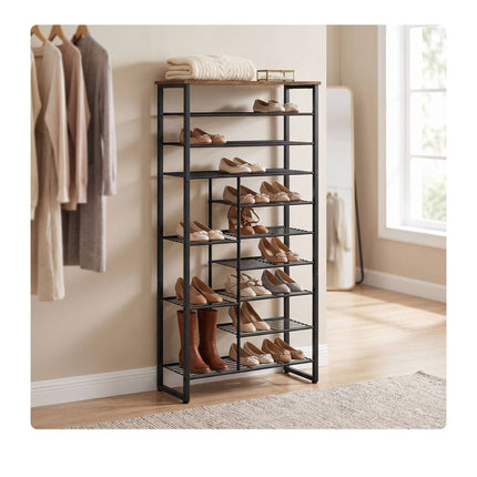 10-Tier Metal & MDF Shoe Rack, Brown, Space-Saving
