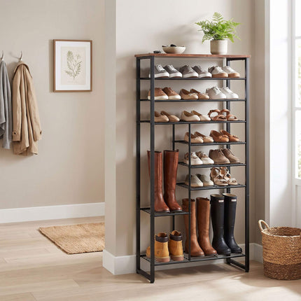 10-Tier Metal & MDF Shoe Rack, Brown, Space-Saving