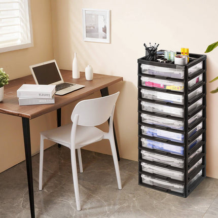 10-Tier Plastic Storage Organizer with Top Tray, Black Frame