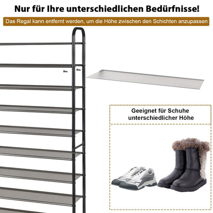 Schuhregal mit 10 Etagen, herausnehmbare Ablagen, Metallrahmen, Schwarz