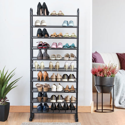 Schuhregal mit 10 Etagen, herausnehmbare Ablagen, Metallrahmen, Schwarz