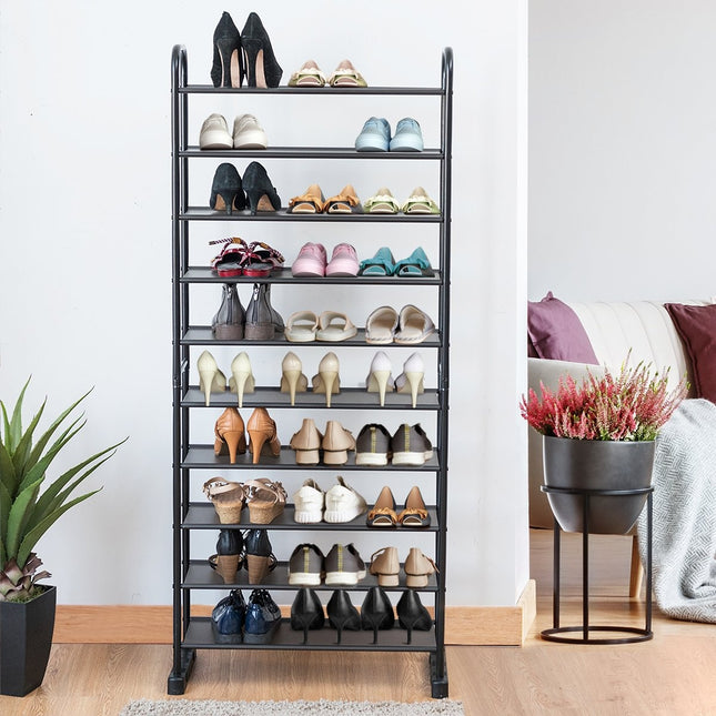 10-Tier Shoe Rack, Removable Shelves, Metal Frame, Black
