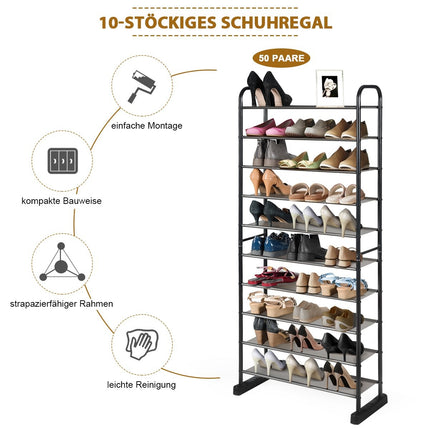 Schuhregal mit 10 Etagen, herausnehmbare Ablagen, Metallrahmen, Schwarz