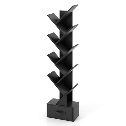 10 Tier Tree Bookcase with Drawer Floor Standing Storage Rack Black