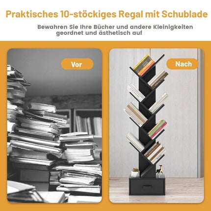 10 Tier Tree Bookcase with Drawer Floor Standing Storage Rack Black