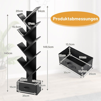 10 Tier Tree Bookcase with Drawer Floor Standing Storage Rack Black