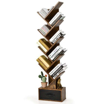10 Tier Tree Bookcase with Drawer for Bedroom/Living Room Rustic Brown