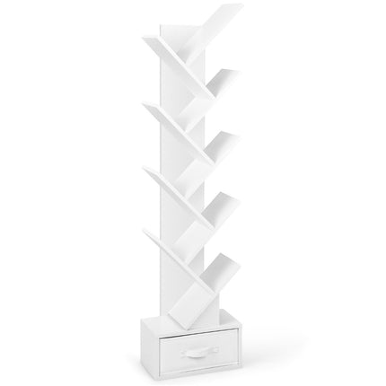 Étagère à livres à 10 niveaux avec tiroirs et support de rangement au sol, blanche