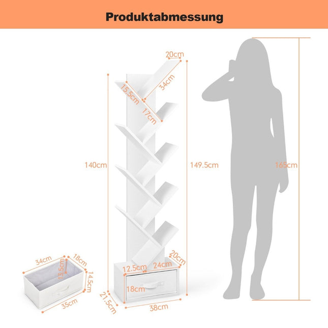 10-stöckiges Bücherregal mit Schublade, bodenstehendes Lagerregal, Weiß