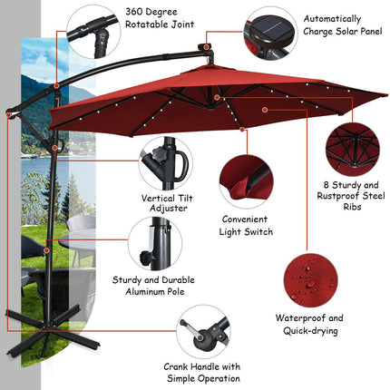 10 Fuß Solar LED Ampelschirm, 360° Neigung, Bordeaux