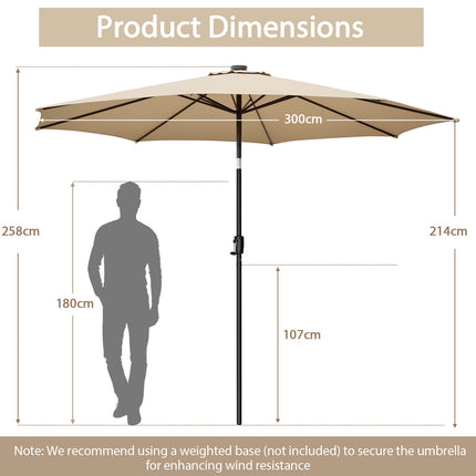 10 ft Solar-LED-Sonnenschirm, Kurbelneigung, Beige