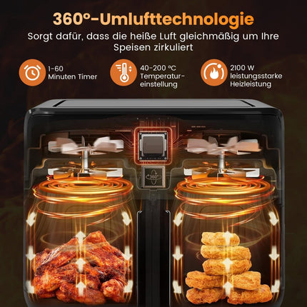 10-in-1 Dual-Zonen-Heißluftfritteuse, 8L Fassungsvermögen, Touchscreen