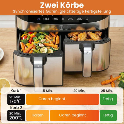 10-in-1 Dual-Zonen-Heißluftfritteuse, 8L Fassungsvermögen, Touchscreen