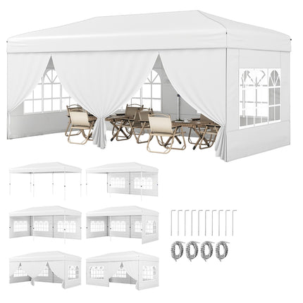 10x20 pop-up partytent met 6 zijwanden en een draagtas op wielen