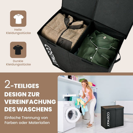 115L Wäschekorb, 2 Fächer, Stoff, Deckel & Griffe
