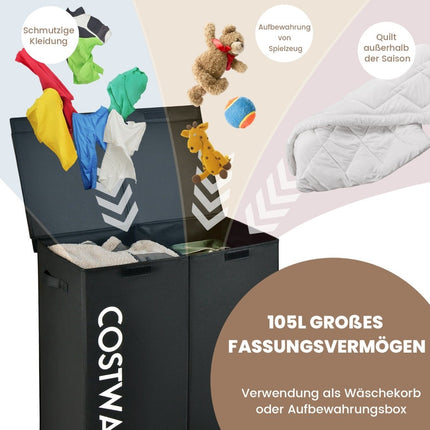 115L Wäschekorb, 2 Fächer, Stoff, Deckel & Griffe