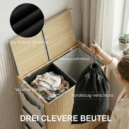120L Bambus-Wäschekorb mit Deckel und Seitentaschen