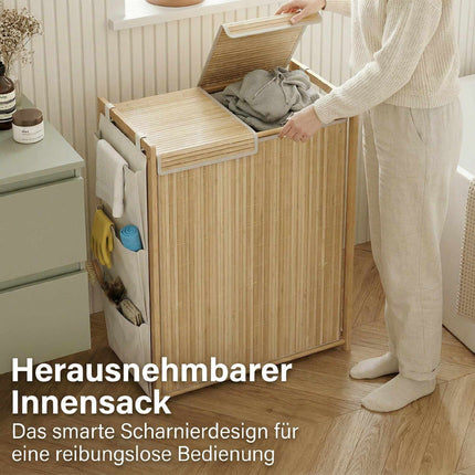 120L Bambus-Wäschekorb mit Deckel und Seitentaschen