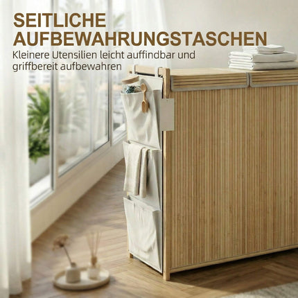 120L Bambus-Wäschekorb mit Deckel und Seitentaschen