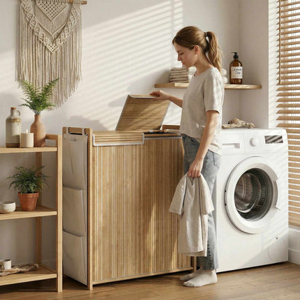 120L Bambus-Wäschekorb mit Deckel und Seitentaschen