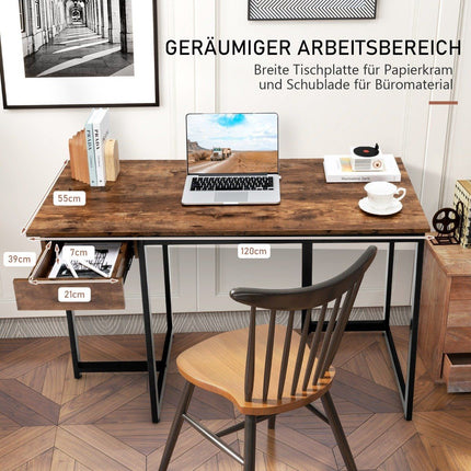 120 cm langer Computertisch mit Schublade und verstellbaren Polstern, Computertisch, rustikales Braun